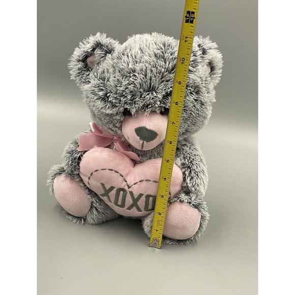 Excite USA 10” Gray Teddy Bear Plush Holding Pink XOXO Heart Stuffed Animal Toy - Picture 8 of 8